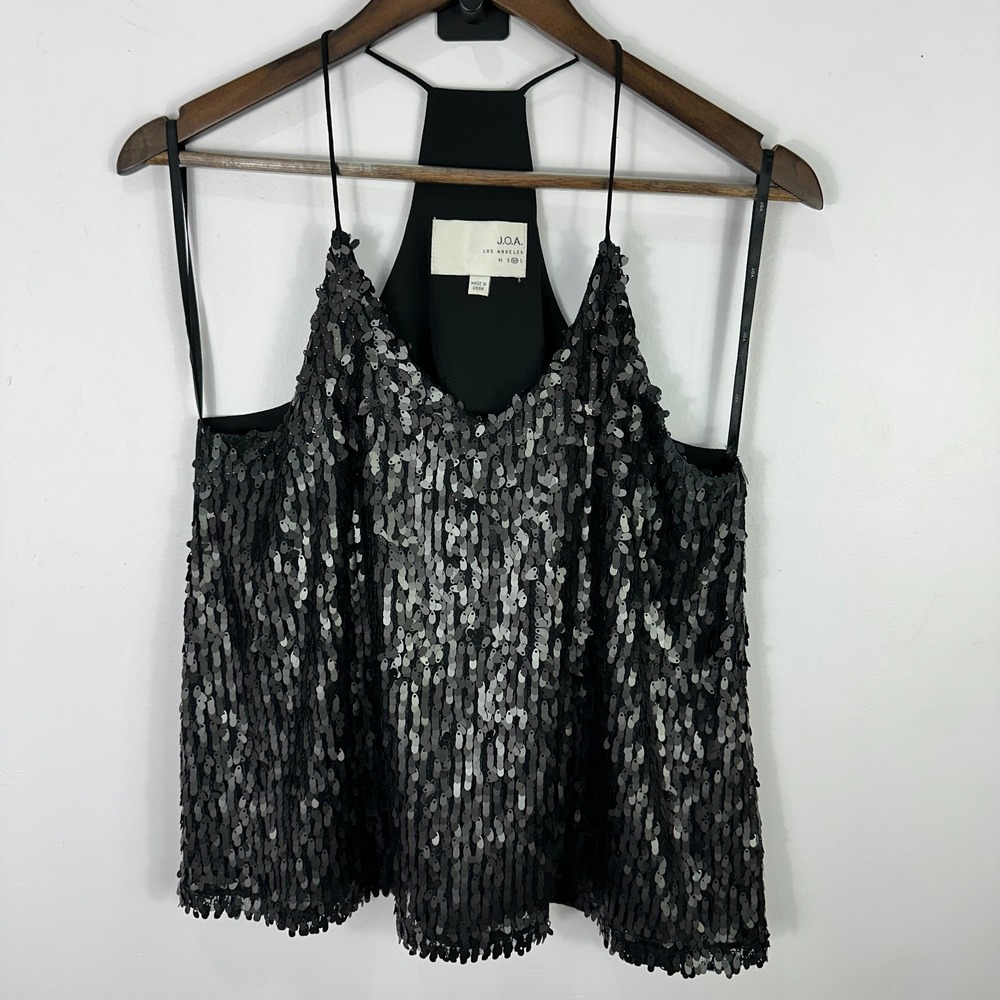 JOA Los Angeles M Black Sequin Cami‎ Top Mob Wife Glam Y2K Party Showgirl